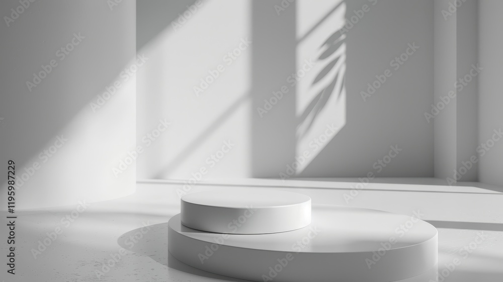 Minimalist White Product Display Platform with Sunlight Shadows. Minimalist White Product Display Platform with Sunlight Shadows.