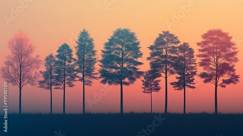 Wallpaper Mural A serene landscape featuring silhouetted trees against a vibrant sunset with soft hues of pink and blue. Torontodigital.ca