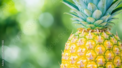 A closeup of a pineapple s texture, vibrant yellow and green hues, space for text on the side photo