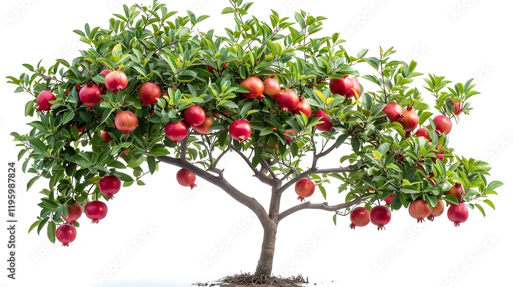 Obraz premium A pomegranate tree with glossy leaves and ruby-red fruit isolated on white background