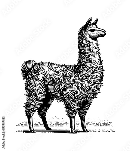 llama engraving black and white outline