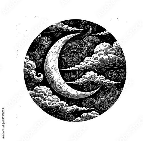 crescent moon surrounded by clouds engraving black and white outline