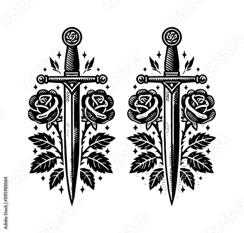 sword rose flower engraving black and white outline