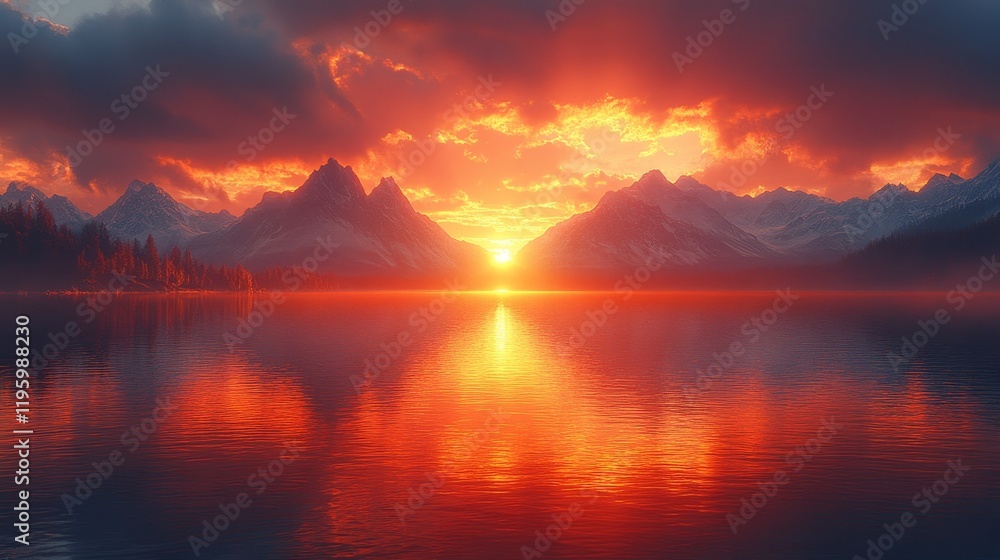 Obraz premium A beautiful sunset over a lake with mountains in the background