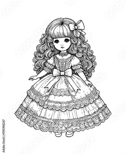 doll with curly hair, wearing a frilly dress with multiple layers, standing upright. The doll has an old-fashioned