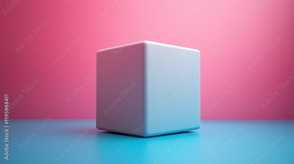 A white cube is sitting on a blue surface A white cube is sitting on a blue surface