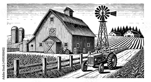 rural farm scene. The image features a rustic barn with a pitched roof engraving black and white outline