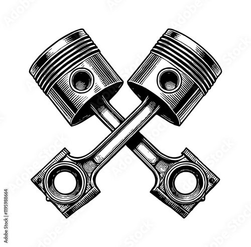 two crossed pistons engraving black and white outline