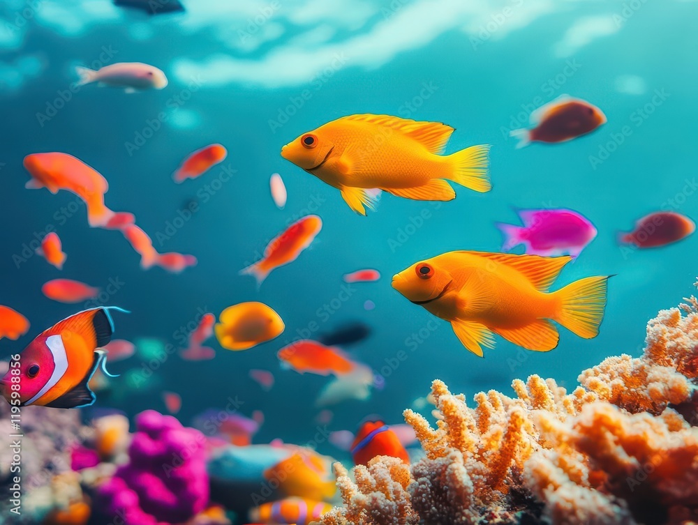 Naklejka premium A dramatic underwater scene with a school of colorful fish and coral reef, vibrant and immersive