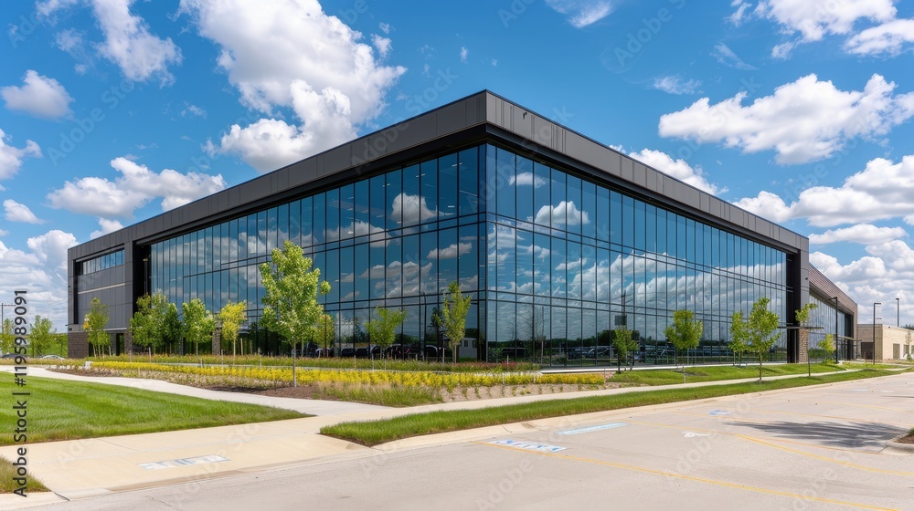 Obraz premium Modern glass office building exterior, landscaping, sunny day.