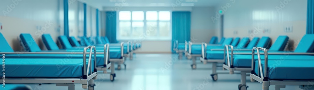 A hospital ward filled with empty beds, desaturated tones, and soft lighting A hospital ward filled with empty beds, desaturated tones, and soft lighting