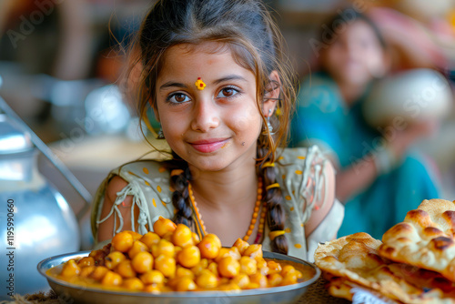 Amidst the festive atmosphere of a religious ceremony, an Indian girl enjoys a plate of sweet and tangy chole bhature, the fluffy fried bread and hearty chickpea curry a comforting treat. photo