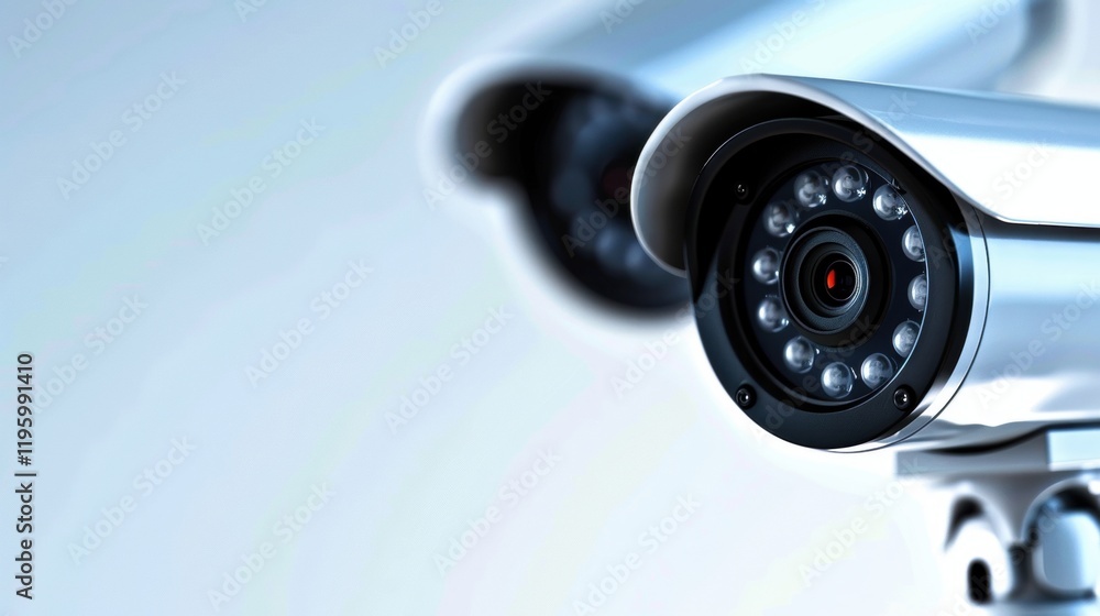 Two sleek security cameras focus on surveillance, showcasing modern technology designed for safety and monitoring. Two sleek security cameras focus on surveillance, showcasing modern technology designed for safety and monitoring.