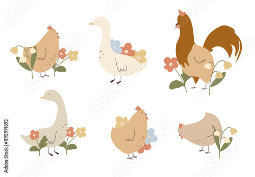 Clipart set of chicken, goose and rooster with flowers. Hand drawn vector illustration of farm in pastel colors on transparent isolated background