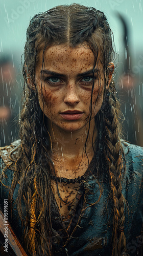 Fierce Viking Warrior Woman with Intricate Face and Body Tattoos in Diverse Natural Settings, from Stormy Seas to Misty Forests, Showcasing Strength, Beauty, and Battle Readiness photo