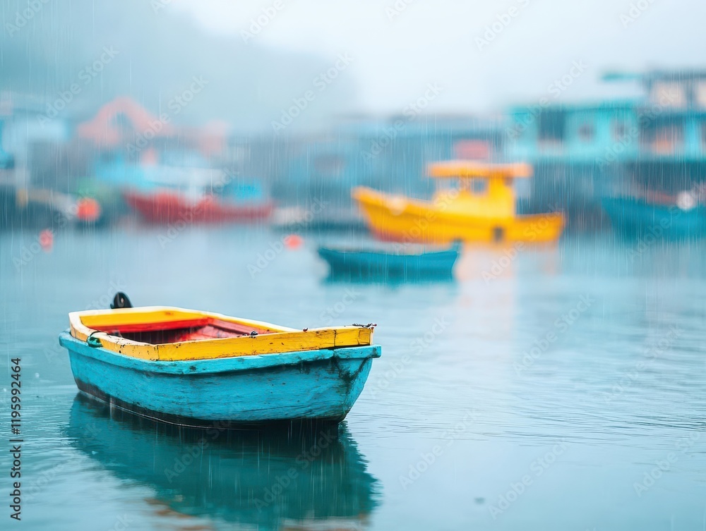 Naklejka premium A rainy day in a small fishing village, boats bobbing in the water, nostalgic and charming tone