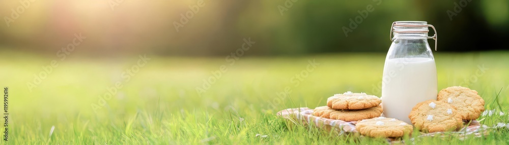 A romantic picnic setting with a bottle of milk and cookies, soft lighting, clear area for text A romantic picnic setting with a bottle of milk and cookies, soft lighting, clear area for text