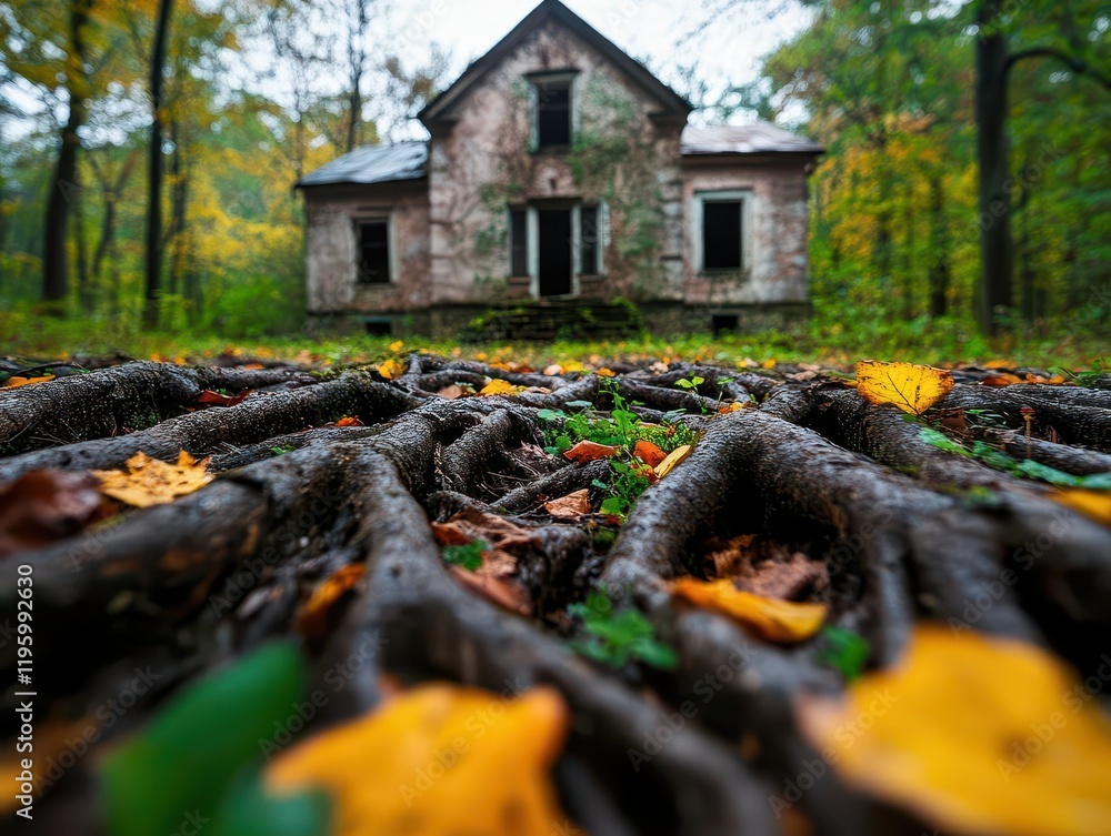 A rootcovered abandoned house, eerie and mysterious mood A rootcovered abandoned house, eerie and mysterious mood