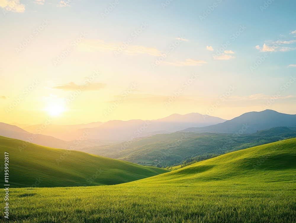 Fototapeta premium A serene landscape with rolling green hills under a golden sunset, wideangle lens, soft lighting, calming mood