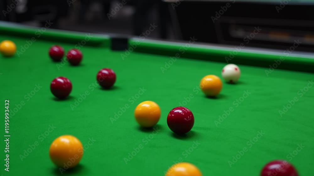 the break of red and yellow blackball Pool balls in a triangle on a green cloth pool table, hit by the cue pocketing a red ball with sound the break of red and yellow blackball Pool balls in a triangle on a green cloth pool table, hit by the cue pocketing a red ball with sound