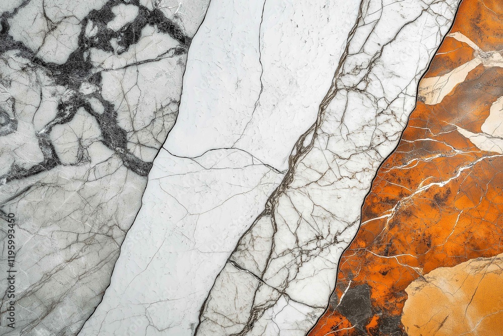 Fototapeta premium Modern kitchen backsplash of white marble slabs, floor tile, and granite color sample.