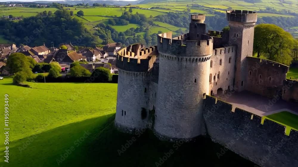 Exploring a Historic Castle Surrounded by Lush Green Hills and Quaint Village Views in the Countryside Exploring a Historic Castle Surrounded by Lush Green Hills and Quaint Village Views in the Countryside
