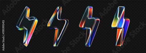 3d glass lightning icons with holographic effect isolated on black background. Render transparent glass thunder bolts with crystal chromatic dispersion of light, rainbow gradient. 3d vector morphism