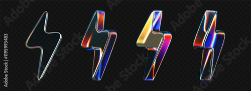 3d glass lightning icons with holographic effect isolated on black background. Render transparent glass thunder bolts with crystal chromatic dispersion of light, rainbow gradient. 3d vector morphism
