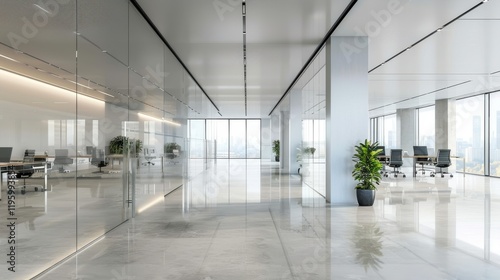 Modern Office Corridor with Glass Walls and City Views.