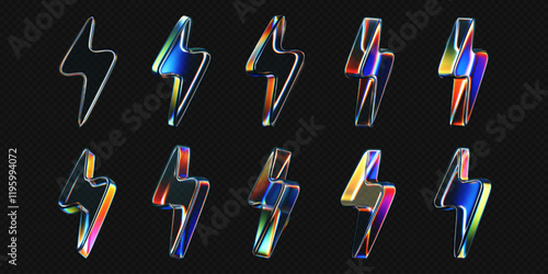3d glass lightning icons with holographic effect isolated on black background. Render transparent glass thunder bolts with crystal chromatic dispersion of light, rainbow gradient. 3d vector morphism