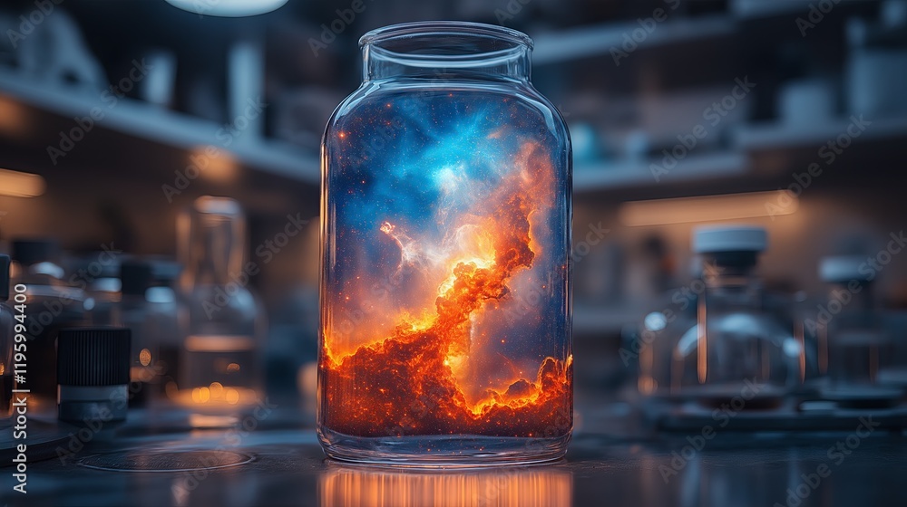 Glass jar with glowing cosmic light effect on a wooden table. Halloween and magical celebration concept Glass jar with glowing cosmic light effect on a wooden table. Halloween and magical celebration concept