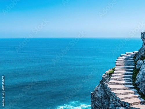 A winding staircase carved into a cliffside, ocean waves crashing below photo