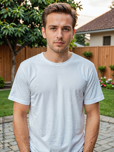 Retrato de un hombre blanco en un jardín vistiendo una camiseta blanca casual 