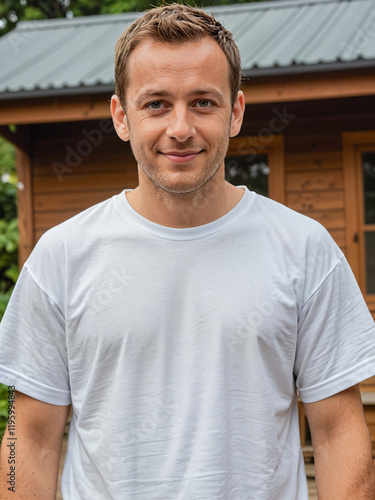 Retrato de un hombre blanco en un jardín vistiendo una camiseta blanca casual 