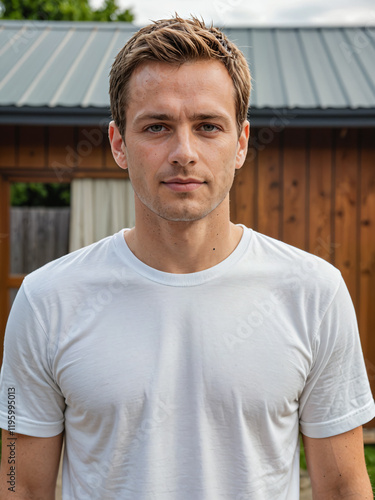Retrato de un hombre blanco en un jardín vistiendo una camiseta blanca casual 