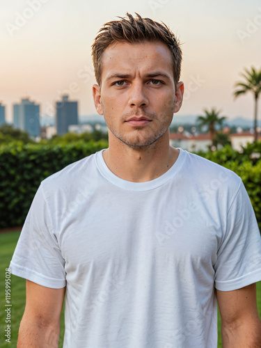 Retrato de un hombre blanco en un jardín vistiendo una camiseta blanca casual 