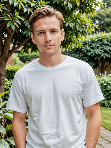 Retrato de un hombre blanco en un jardín vistiendo una camiseta blanca casual 