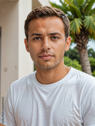 Retrato de un hombre blanco en un jardín vistiendo una camiseta blanca casual 