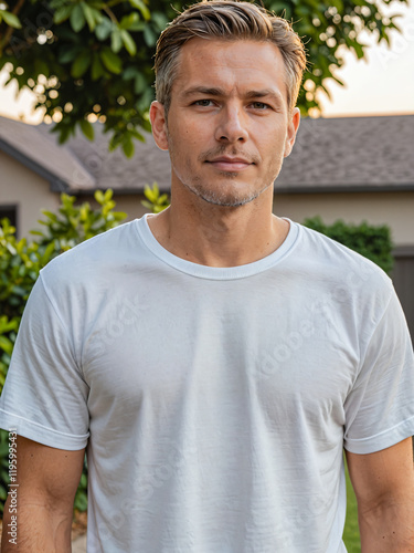 Retrato de un hombre blanco en un jardín vistiendo una camiseta blanca casual 