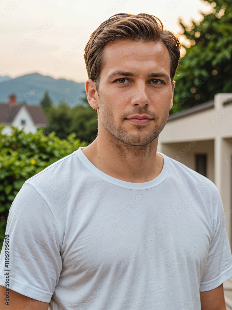 Retrato de un hombre blanco en un jardín vistiendo una camiseta blanca casual Retrato de un hombre blanco en un jardín vistiendo una camiseta blanca casual