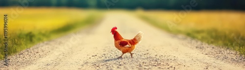 Chicken crossing a dirt road, humorous vibe, dynamic composition, countryside backdrop