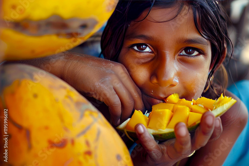 Amidst the fragrance of mangoes, an Indian girl savors a slice of keri no ras, her taste buds tingling with the sweet and tangy flavors of Gujarat's beloved fruit. photo