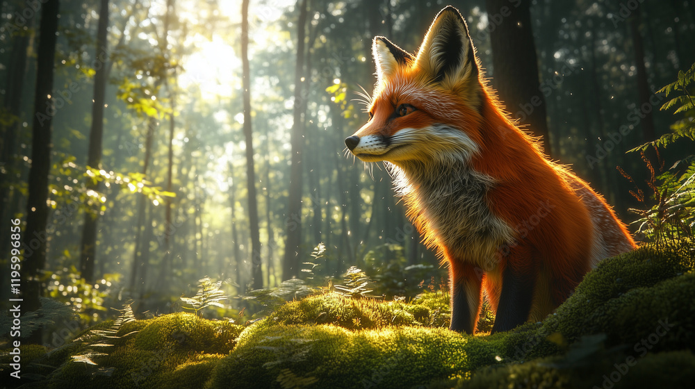 Fototapeta premium a red fox standing on a moss-covered forest floor, surrounded by tall trees and dappled sunlight filtering through the canopy, its bright orange coat glowing against the green backdrop