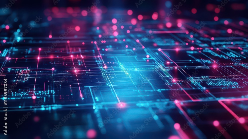 Fototapeta premium Futuristic network of interconnected circuits, glowing points, abstract digital background