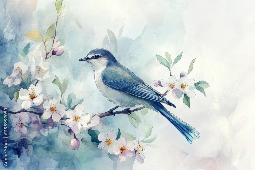 Fototapeta premium A Bluebird Perched on a Branch of Blossoming Flowers