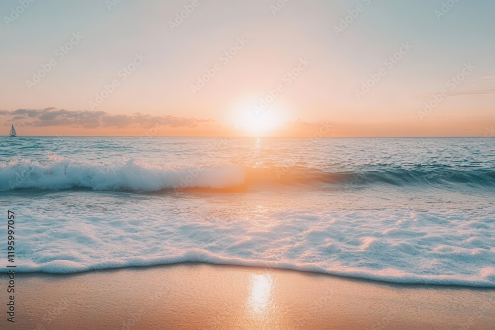 Fototapeta premium Calming Sunset Over the Sea With Gentle Waves and Distant Sailboat on the Horizon. Generative AI