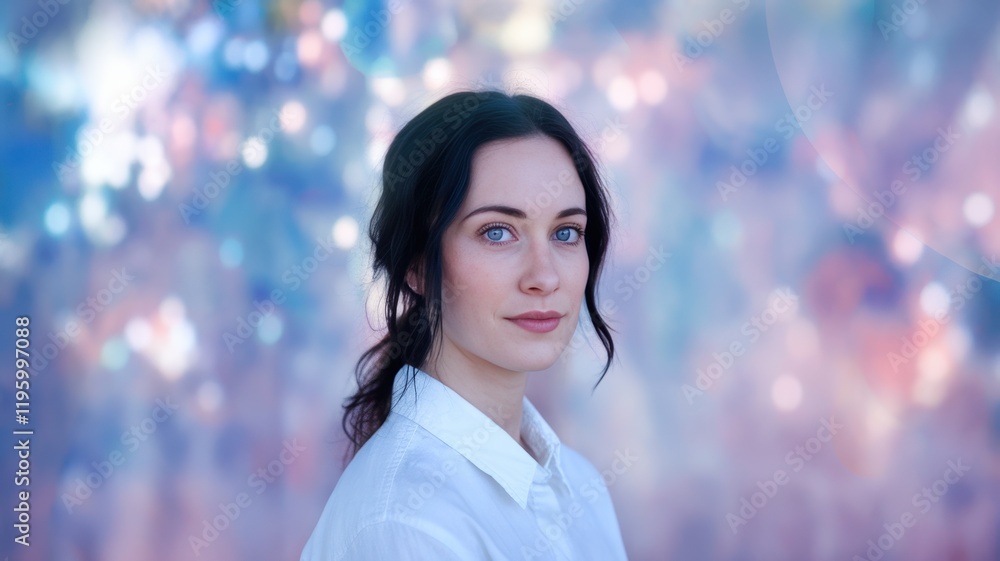 Obraz premium A young Caucasian woman with dark hair poses against a softly blurred pastel background, exuding a calm and serene expression.