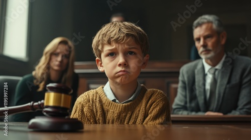 Sad boy sitting at a table in the background of his parents.