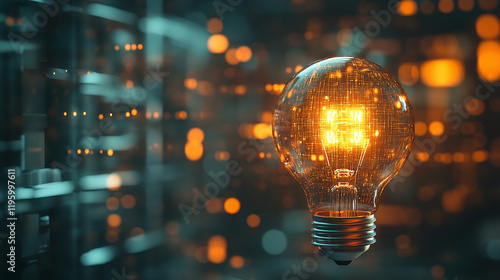 A glowing innovative light bulb symbolizing creativity and new ideas set against a blurred data-driven background in neutral tones representing the fusion of technology and inspiration

 photo