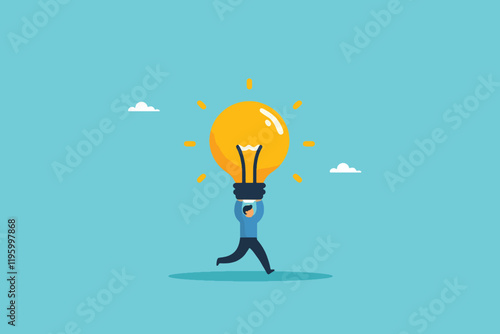 The Sprint of Invention, Enthusiastic Businessman Dashing Forward with a Lightbulb of Innovation